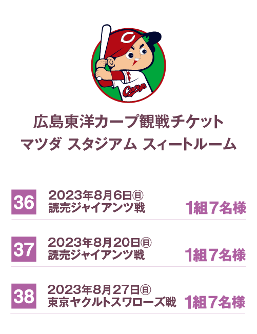36・38:広島東洋カープ観戦チケット マツダ スタジアム スィートルーム(1組7名様)