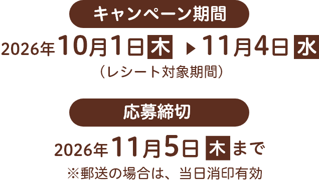 キャンペーン期間(レシート対象期間)　2026年10月1日(木曜日)から11月4日(水曜日)
                    応募締切　2026年11月5日(木曜日)※郵送の場合は、当日消印有効