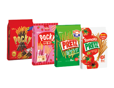 ポッキーチョコレート・いちごポッキー・プリッツ旨サラダ・トマトプリッツ