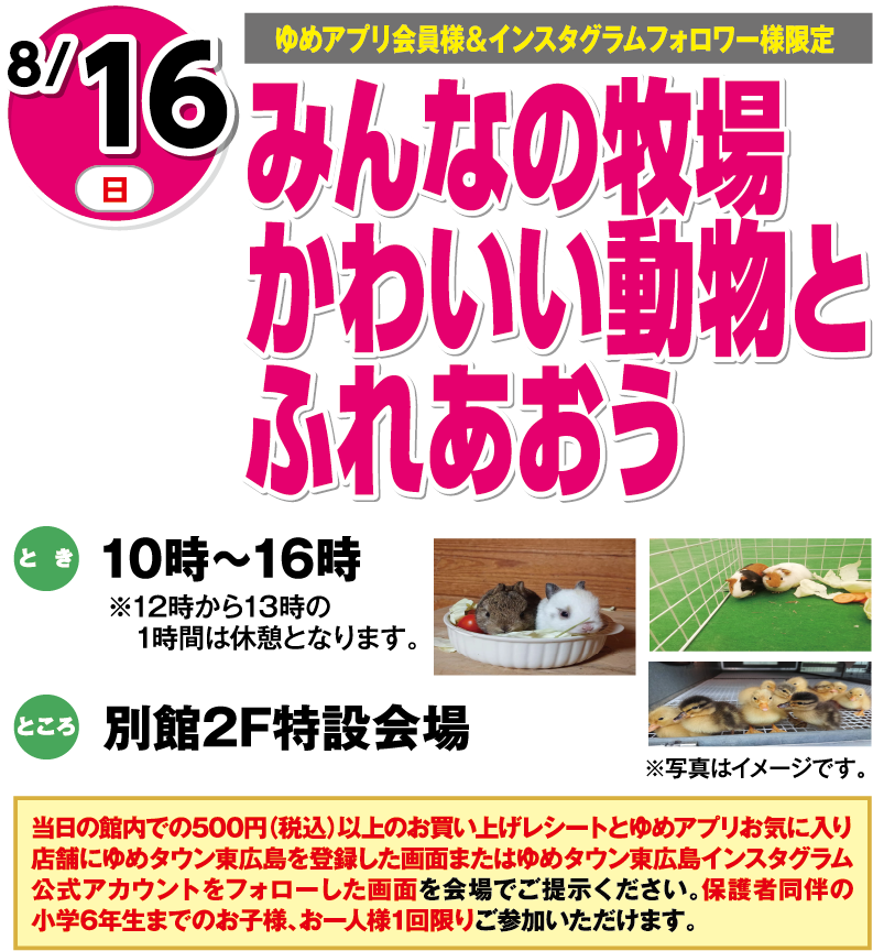 8月16日(日曜日) 【ゆめアプリ会員様＆インスタグラムフォロワー様限定 】 みんなの牧場かわいい動物とふれあおう とき 10時～16時※12時から13時の1時間は休憩となります。 ところ 別館2F特設会場