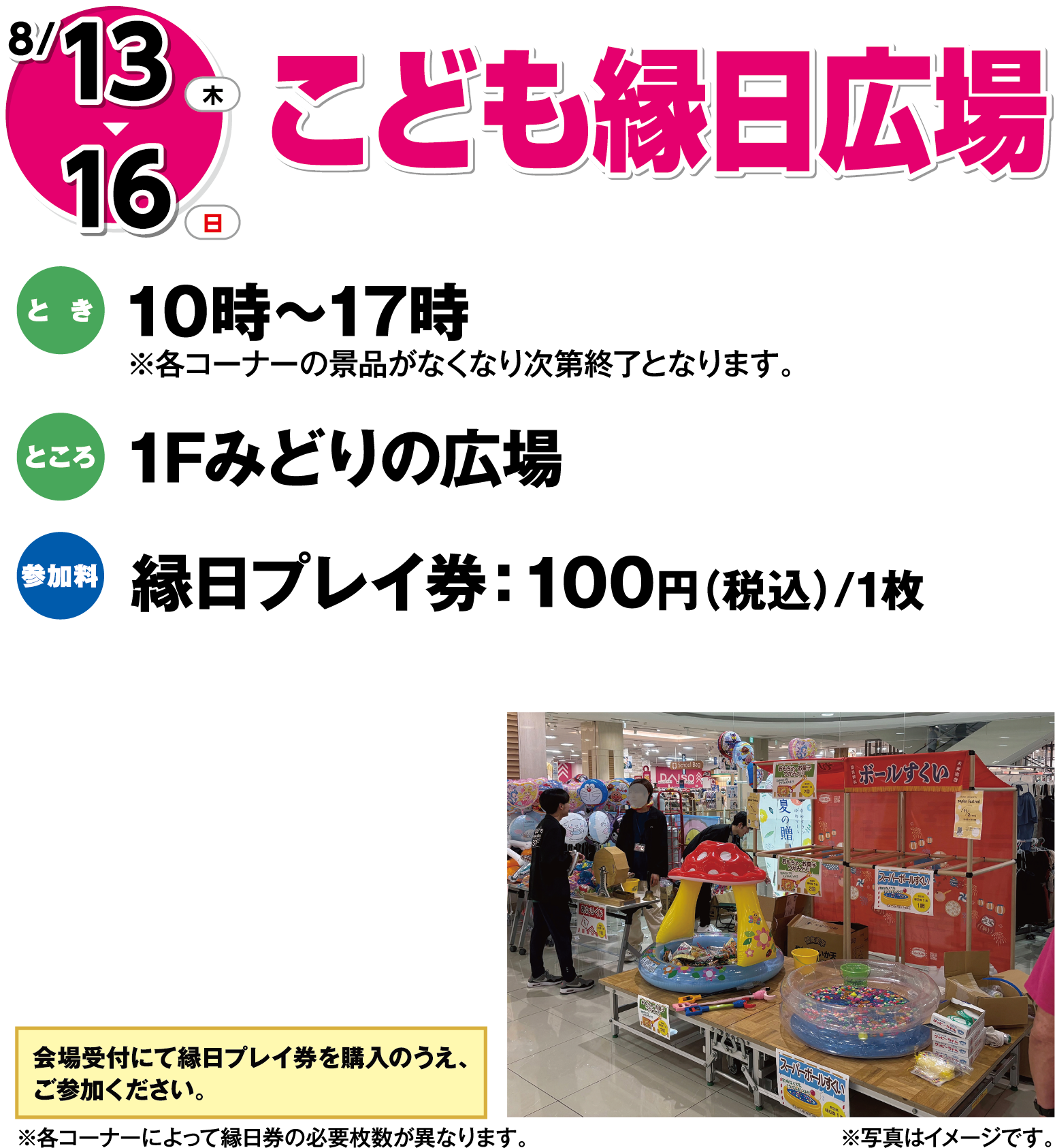8月13日(木曜日)～16日(日曜日) こども縁日広場 とき 10時～17時※各コーナーの景品がなくなり次第終了となります。 ところ 1Fみどりの広場 参加料 縁日プレイ券：100円(税込)/1枚