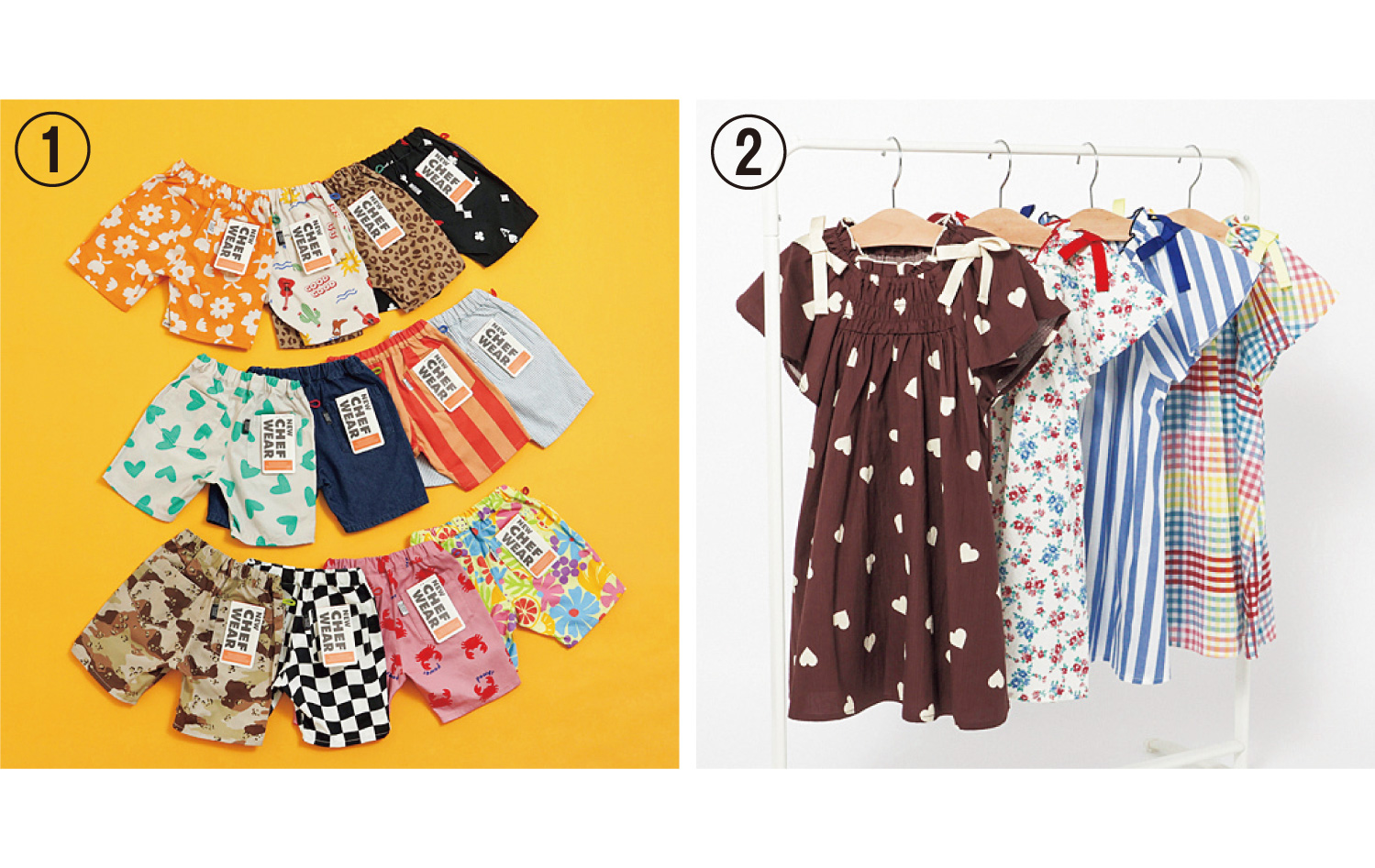 ①シェフハーフパンツ②肩リボンフレアヒロインワンピース