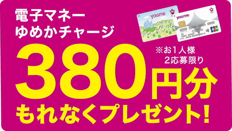 電子マネーゆめかチャージ 380円分もれなくプレゼント! ※お一人様2応募限り