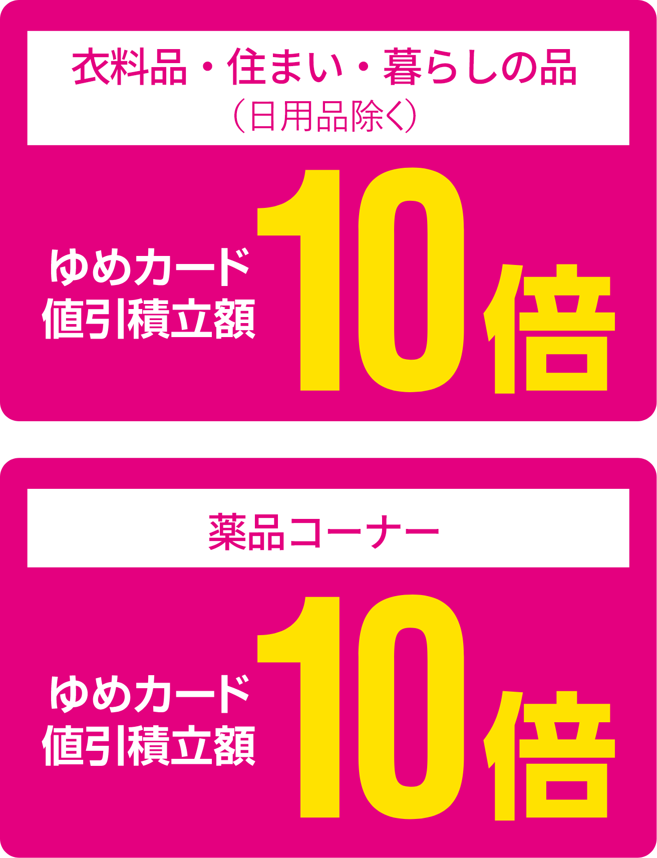 [衣料品・住まい・暮らしの品（日用品除く）]ゆめカード値引積立額10倍 [薬品コーナー]ゆめカード値引積立額10倍
