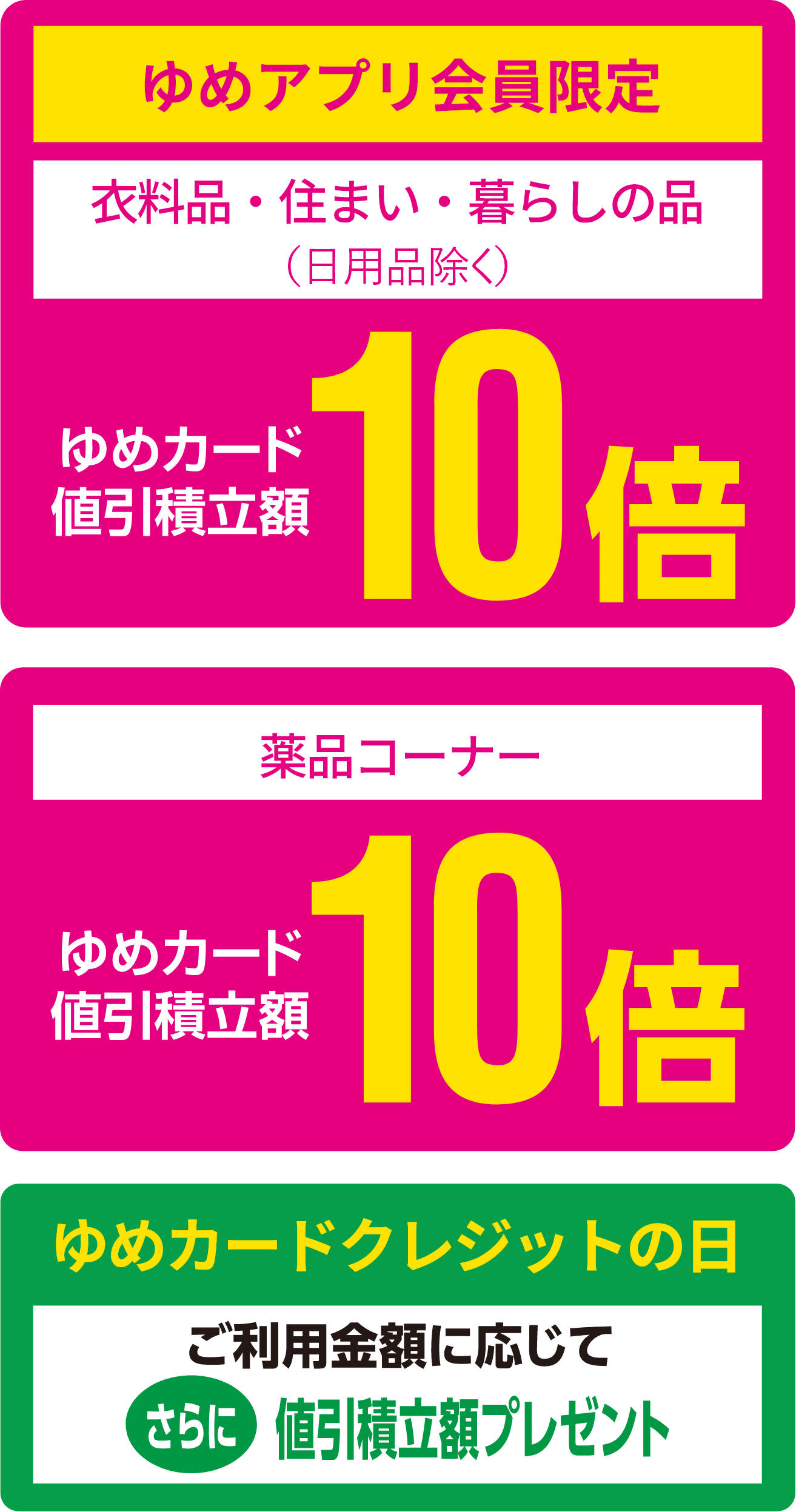 <ゆめアプリ会員限定>[衣料品・住まい・暮らしの品（日用品除く）]ゆめカード値引積立額10倍 [ゆめカードクレジットの日]ご利用金額に応じてさらに値引積立額プレゼント [薬品コーナー]ゆめカード値引積立額10倍