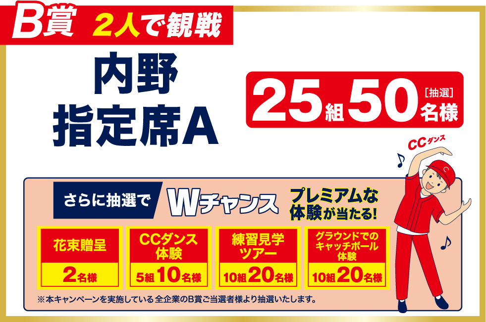 【B賞】2人で観戦　内野指定席A　<抽選>25組50名様　『さらに抽選でWチャンス』プレミアムな体験が当たる！　【花束贈呈：2名様】【CCダンス体験：5組10名様】【練習見学ツアー：10組20名様】【グラウンドでのキャッチボール体験：10組20名様】※本キャンペーンを実施している全企業のB賞ご当選者より抽選いたします。