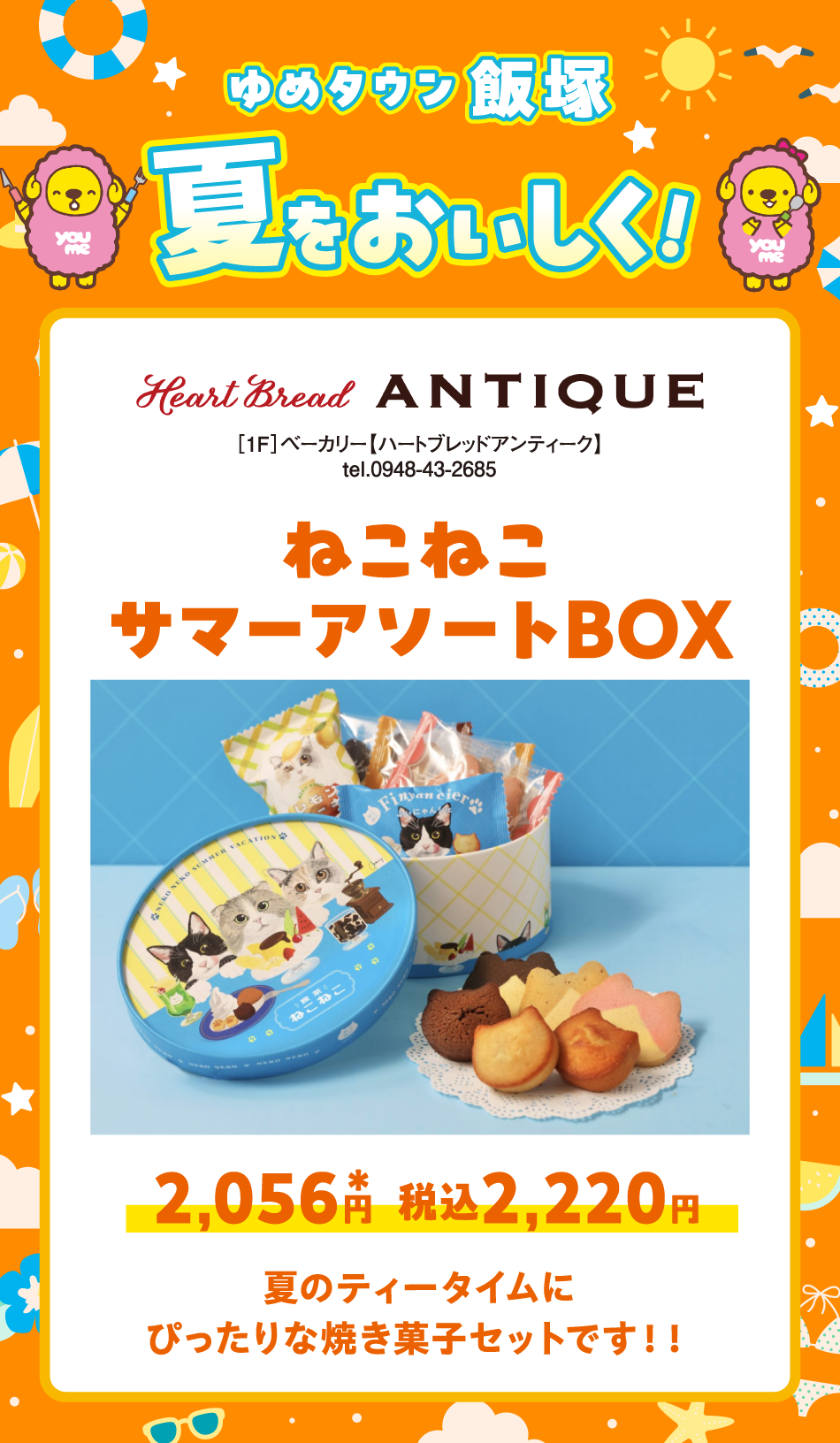 ゆめタウン飯塚　夏をおいしく！
［1F］ベーカリー【ハートブレッドアンティーク】　ねこねこサマーアソートBOX　　2,056円* 税込2,220円　夏のティータイムにぴったりな焼き菓子セットです！！