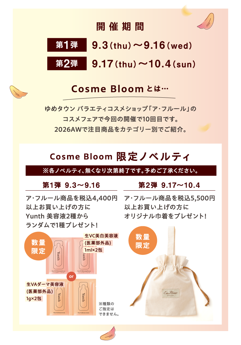 開催期間 第1弾9月3日（木曜日）～9月16日（水曜日） 第2弾9月17日（木曜日）～10月4日（日曜日） Cosme Bloomとは…ゆめタウン バラエティコスメショップ「ア・フルール」のコスメフェアで今回の開催で10回目です。2026AWの注目商品をカテゴリー別にご紹介。Cosme Bloom 限定ノベルティ(※各ノベルティ、無くなり次第終了です。予めご了承ください。) 第1弾 9月3日（木曜日）～9月16日（水曜日）数量限定 ア・フルール商品を税込4,400円以上お買い上げの方にYunth 美容液2種からランダムで1種プレゼント！【生VC美白美容液(医薬部外品)1ml×2包 or 生VAダーマ美容液(医薬部外品)1g×2包※種類のご指定はできません。】 第2弾 9月17日（木曜日）～10月4日（日曜日）数量限定 ア・フルール商品を税込5,500円以上お買い上げの方にオリジナル巾着をプレゼント！