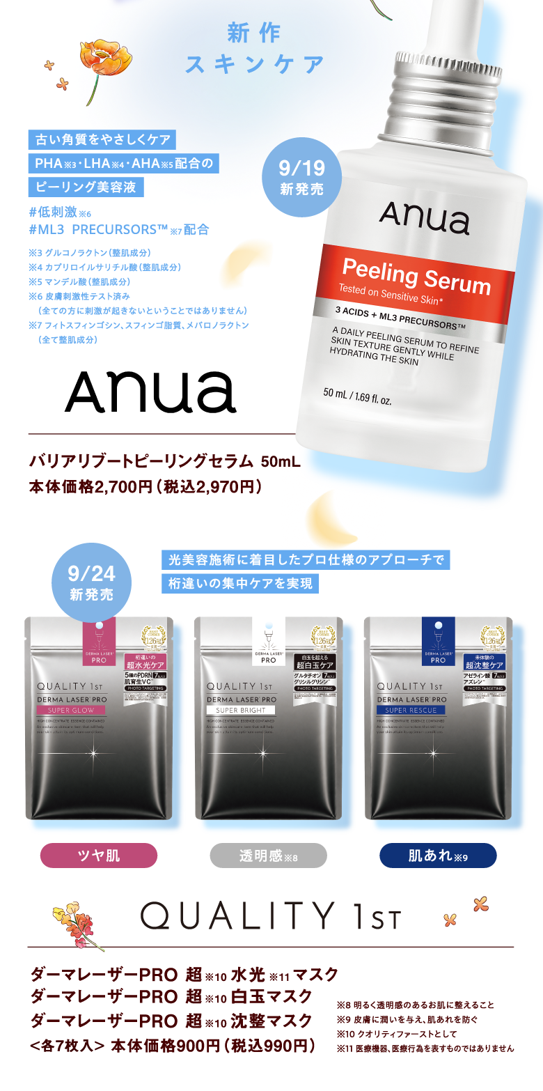【新作スキンケア】[Anua]バリアリブートピーリングセラム50mL 本体価格2,700円（税込2,970円）【古い角質をやさしくケア PHA※グルコノラクトン（整肌成分）・LHA※カプリロイルサリチル酸（整肌成分）・AHA※マンデル酸（整肌成分）配合のピーリング美容液 #低刺激※皮膚刺激性テスト済み（全ての方に刺激が起きないということではありません）　##ML3  PRECURSORS™ ※フィトスフィンゴシン、スフィンゴ脂質、メバロノラクトン（全て整肌成分） 配合】9月19日新発売
					
			[QUALITY 1st]ダーマレーザーPRO 超※クオリティファーストとして　水光　 マスクダーマレーザーPRO 超※クオリティファーストとして 白玉マスクダーマレーザーPRO 超※クオリティファーストとして 沈整マスク ＜各7枚入＞ 本体価格900円（税込990円）【光美容施術に着目したプロ仕様のアプローチで桁違いの集中ケアを実現<ツヤ肌><透明感※明るく透明感のあるお肌に整えること><肌あれ※皮膚に潤いを与え、肌あれを防ぐ>】9月24日新発売