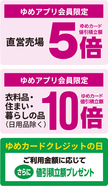 [ゆめアプリ会員限定]直営売場ゆめカード値引積立額5倍 [ゆめアプリ会員限定]衣料品・住まい・暮らしの品（日用品除く）ゆめカード値引積立額10倍 [ゆめカードクレジットの日]ご利用金額に応じてさらに値引積立額プレゼント