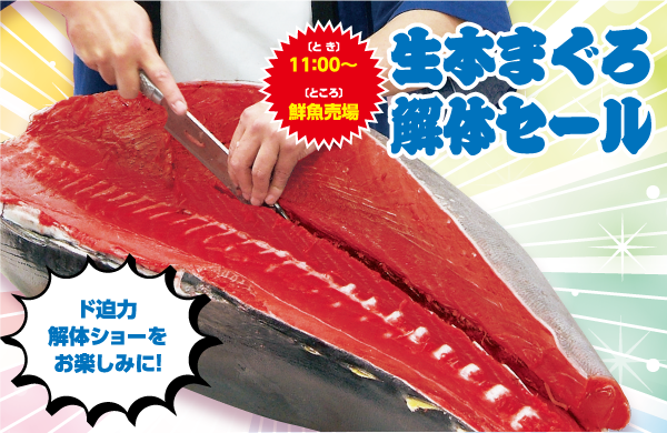 ド迫力解体ショーをお楽しみに!〔とき〕11：00～〔ところ〕鮮魚売場 生本まぐろ解体セール 刺身用生本まぐろ 中とろ(養殖)
