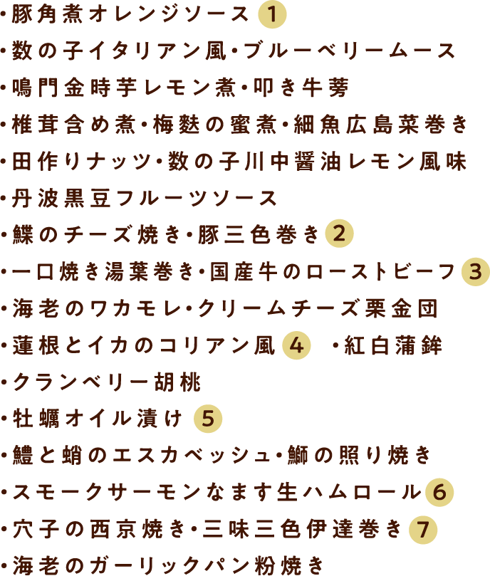 豚角煮オレンジソース① 数の子イタリアン風・ブルーベリームース 鳴門金時芋レモン煮・叩き牛蒡 椎茸含め煮・梅麩の蜜煮・細魚広島菜巻き 田作りナッツ・数の子川中醤油レモン風味 丹波黒豆フルーツソース 鰈のチーズ焼き・豚三色巻き② 一口焼き湯葉巻き・国産牛のローストビーフ③ 海老のワカモレ・クリームチーズ栗金団 蓮根とイカのコリアン風④・紅白蒲鉾 クランベリー胡桃 牡蠣オイル漬け⑤ 鱧と蛸のエスカベッシュ・鰤の照り焼き スモークサーモンなます生ハムロール⑥ 穴子の西京焼き・三味三色伊達巻き⑦ 海老のガーリックパン粉焼き
