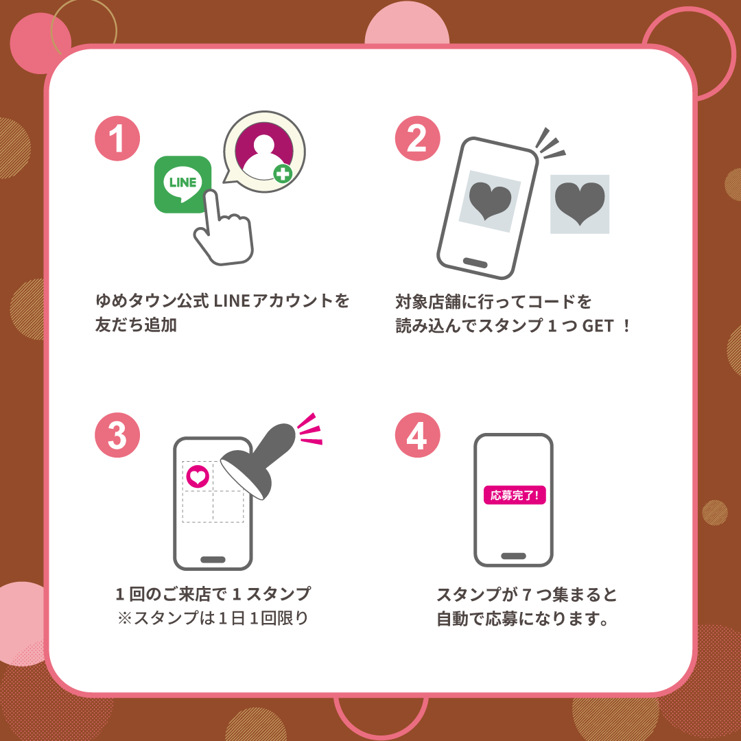 ①ゆめタウン公式LINEアカウントを友だち追加 ②対象店舗に行ってコードを読み込んでスタンプ1つゲット！ ③1回のご来店で1スタンプ※スタンプは1日1回限り ④スタンプが7つ集まると自動で応募になります。