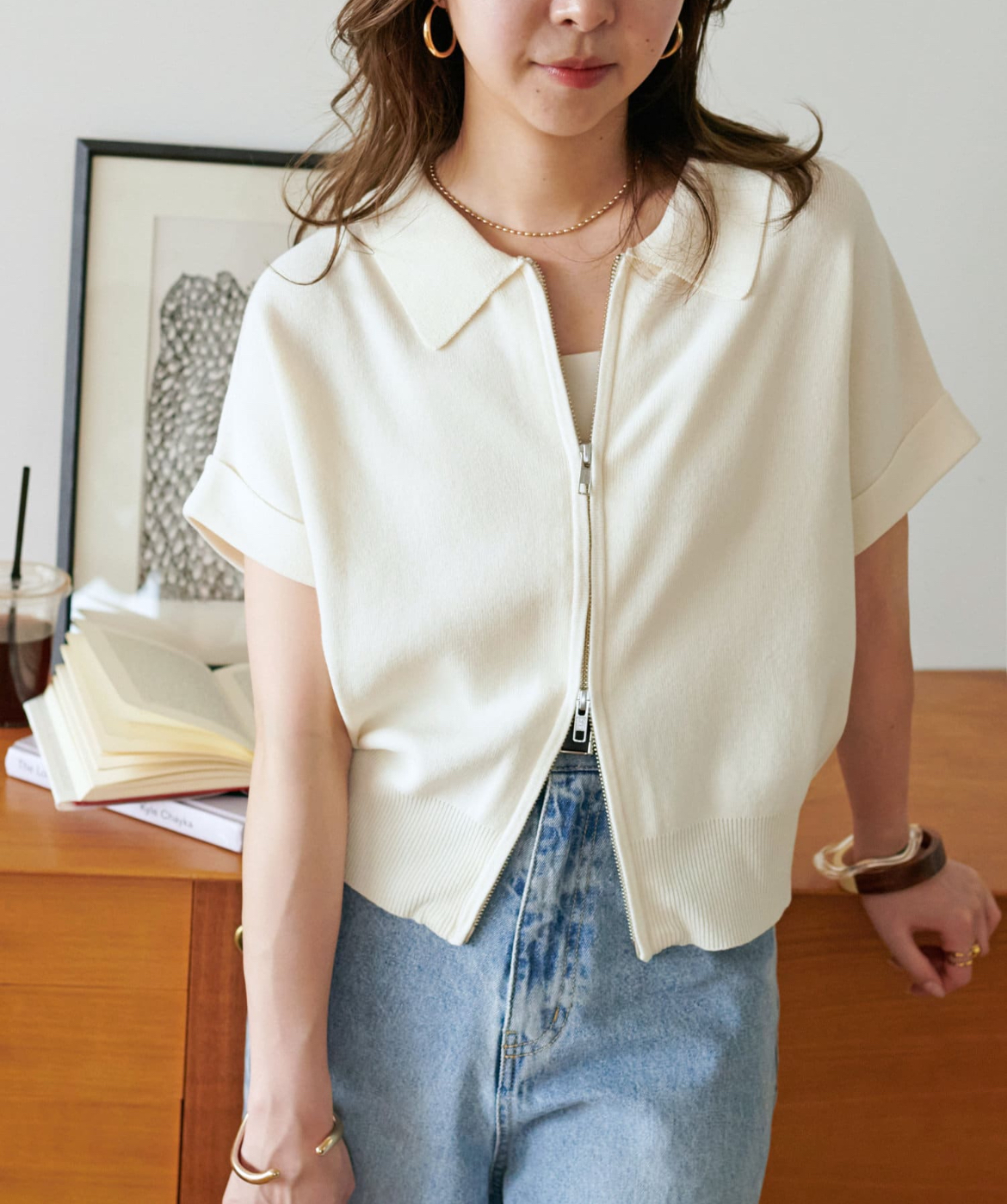 フラッフィー半袖カーデ スッキリ見え！衿付きWジップ半袖カーディガン｜ディスコート
