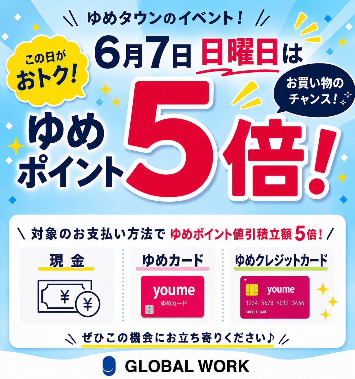 6/7(日) ゆめカード値引積立額5倍｜GLOBAL WORK（グローバルワーク