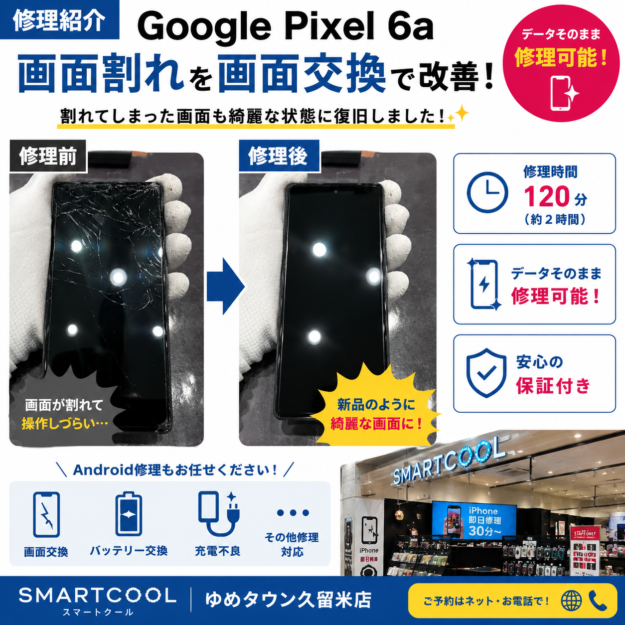 Google Pixel 6a画面交換】割れてしまった画面も即日修理対応｜データ