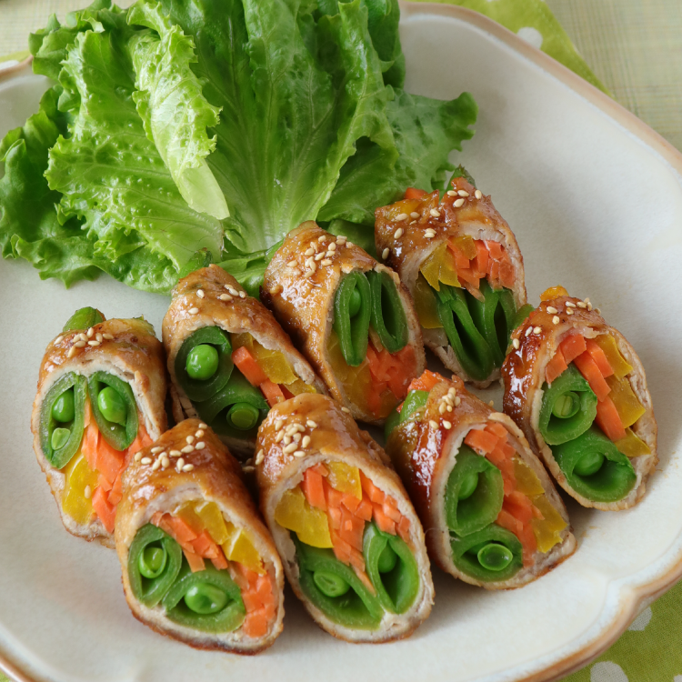 スナップえんどうとカラフル野菜の豚肉巻き
