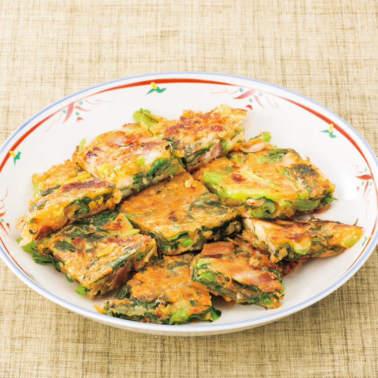 小松菜と豚キムチのチヂミ風