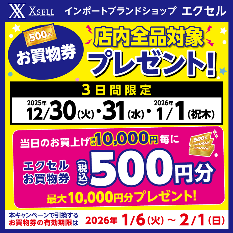 エクセル　2025年12月30日(火曜日)～2026年1月1日(祝日･木曜日)　エクセルお買物券プレゼントキャンペーンの画像