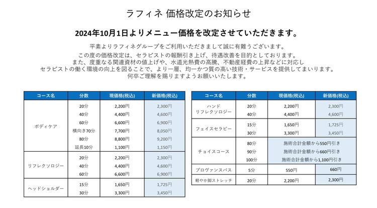 価格改定のお知らせ｜ラフィネ｜ショップニュース｜ゆめタウン呉