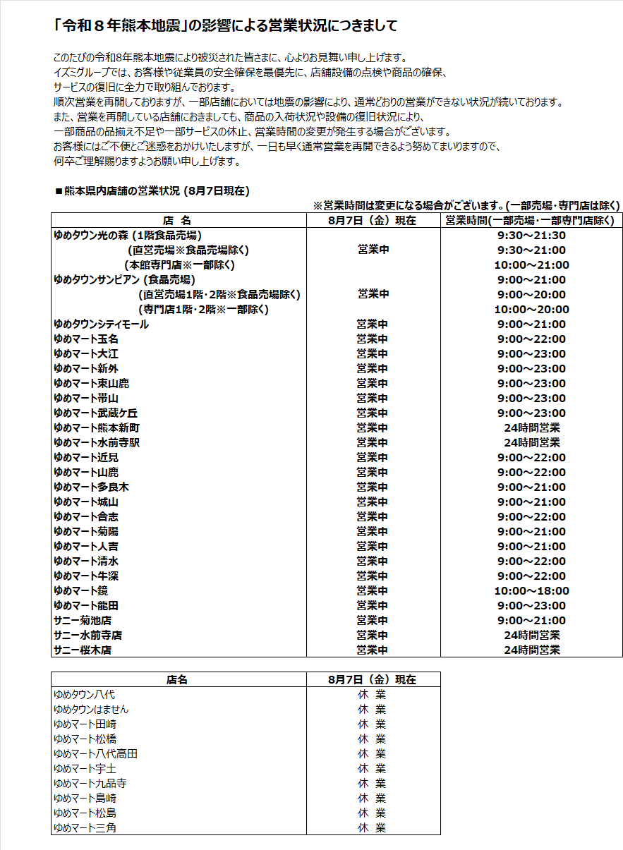 更新：8/7】熊本県内ゆめタウン・ゆめマート・サニー営業状況
